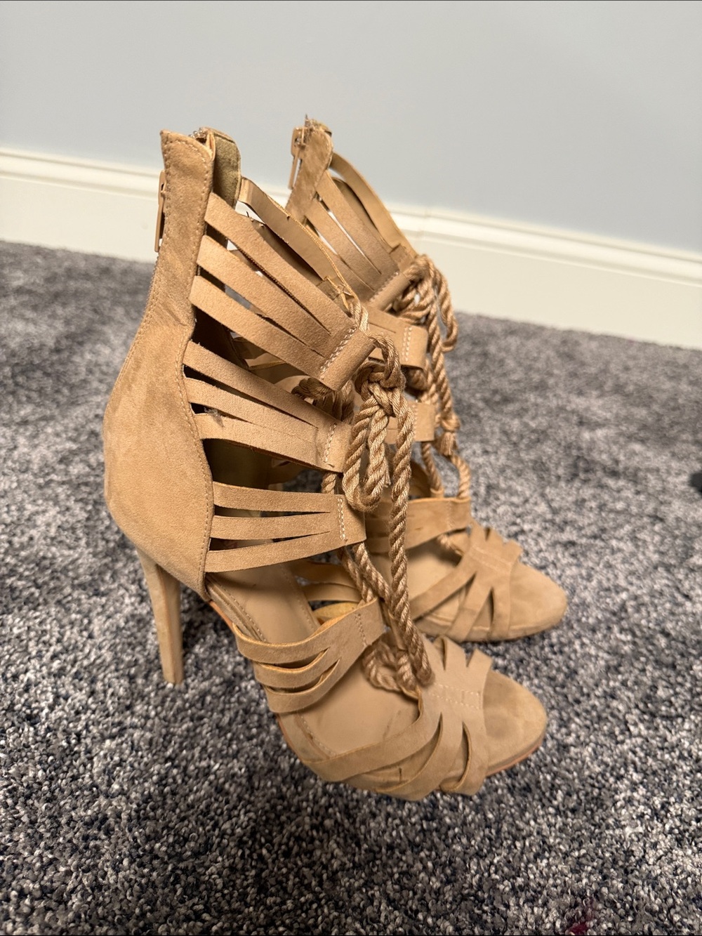 JustFab Tan Strappy Rope-Tie High Heels